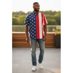 Cotton‎ Traders Sport Shirt Mens XL Red White Blue American Flag Patriotic Stars